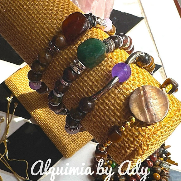 Tiger's eye purple jade beaded bracelet /handmade - Picture 2 of 5